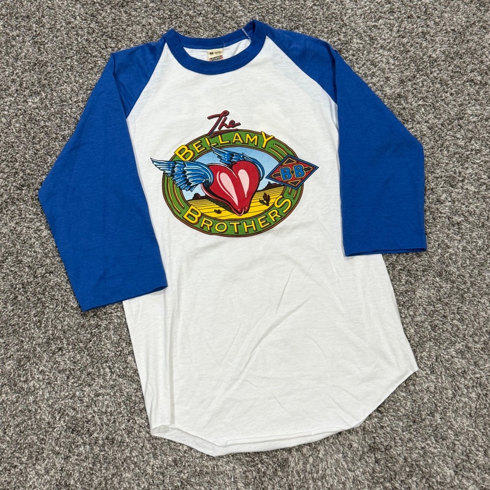 Vintage 80s The Bellamy Brothers Screen Stars Raglan Shirt Blue White Mens M